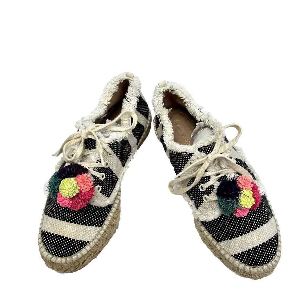Loeffler Randall Espadrille Canvas Striped Pom Poms Shoes Flats SZ 37 Spain